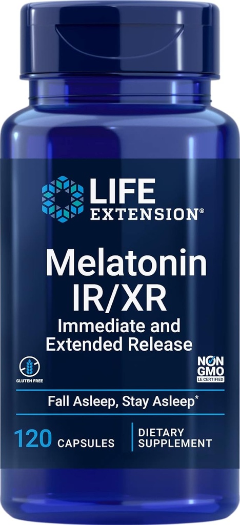 Prolongation de la durée de vie Melatonine IR/XR 120 Capsules - immédiatement et 7 heures de libération prolongée - Supplément de nuit - Supports Rester endormi - Non-OGM, sans gluten
