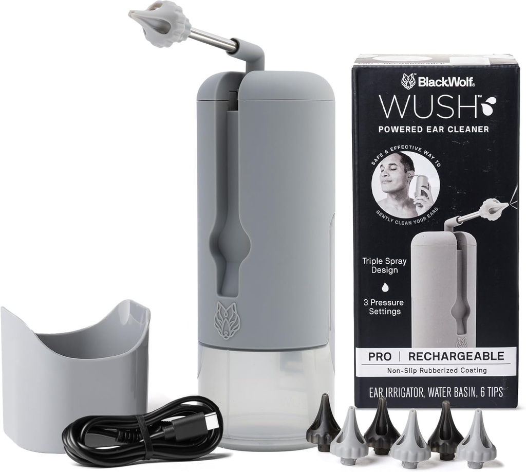Wush Pro by Black Wolf - Le nettoyant d'oreille de luxe d'origine avec 6 conseils de remplacement réutilisables par Black Wolf - Safe & Effective for Ear Wax Buildup - Kit de suppression de cire d'oreille électrique (Grey)
