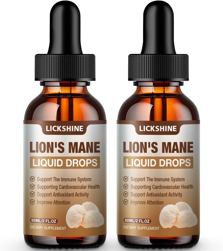 2 Pack Lions Mane Supplement Liquid Mushroom Extract Drops for Memory, Focus & Clarity - Brain Booster - Lions Mane Tincture for Natural Immune Support, Vegan, Organic, 2 Fl Oz