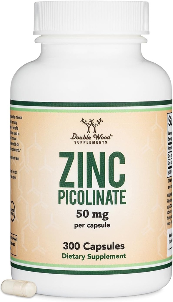 Picolinate de zinc 50mg, 300 Capsules (support immunitaire) Non-OGM, sans gluten (300 jours d'approvisionnement) par deux suppléments en bois