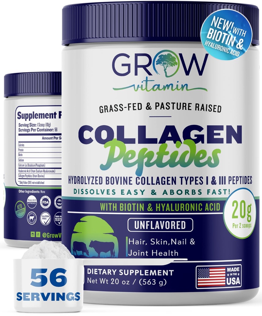 Collagène Peptides Poudre 20g avec acide hyaluronique et biotine - Poudre de collagène non aromatisée avec suppléments de collagène de type I et III hydrolysés - Cheveux, ongles, peau et soutien articulaire - 56 portions