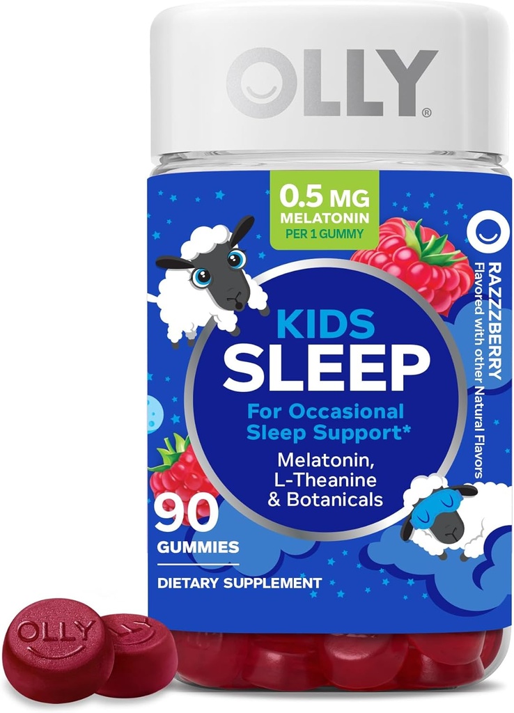 OLLY Kids dorm Gummy, soutien de sommeil occasionnel, 0,5mg Melatonine, L Theanine, Camomille, et Lemon Baume Extraits, Supplément à croquer pour enfants, Flaveur de framboises - 90 Comte