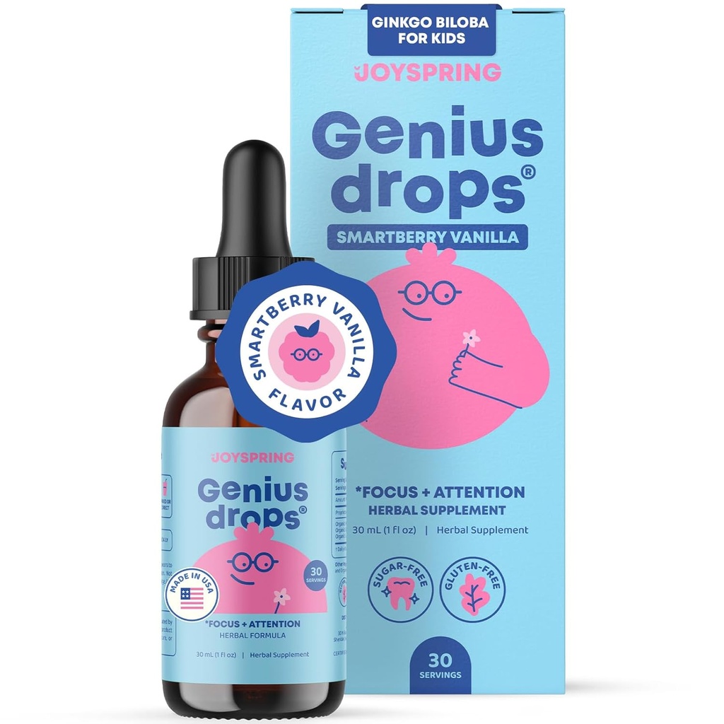 JoySpring Genius Drops Smartberry Vanilla , support de focalisation pour les enfants avec Ginkgo Biloba, racine de réglisse, extrait Gotu Kola, feuille de menthe poivrée , formule liquide ,1fl oz (30 portions)