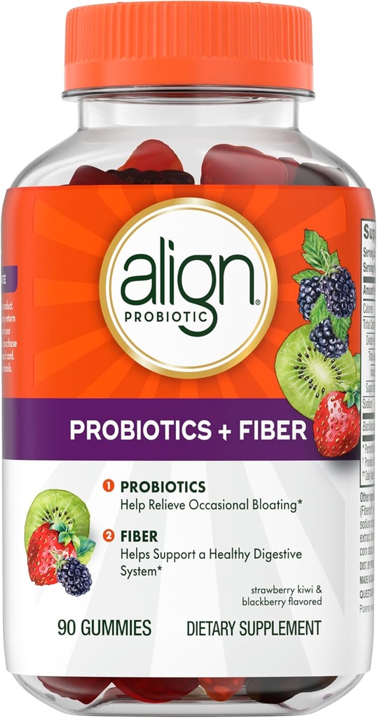 Aligner le probiotique, les probiotiques + fibre, les probiotiques aident à soulager les ballonnements occasionnels*, les fibres aident à soutenir un système digestif sain*, #1 Docteur Marque Probiotique recommandée, 90 Gummies