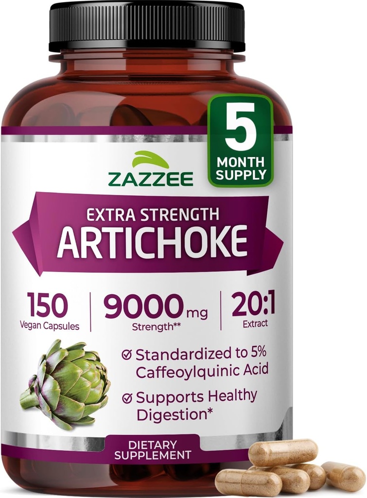 Zazzee Extra Strength Articoke 20:1 Extrait, 9000 mg Strength, 5% acide caffeoylquinique, 150 capsules véganes, 5 mois d'approvisionnement, concentré et normalisé extrait 20X, non-OGM et tout-naturel