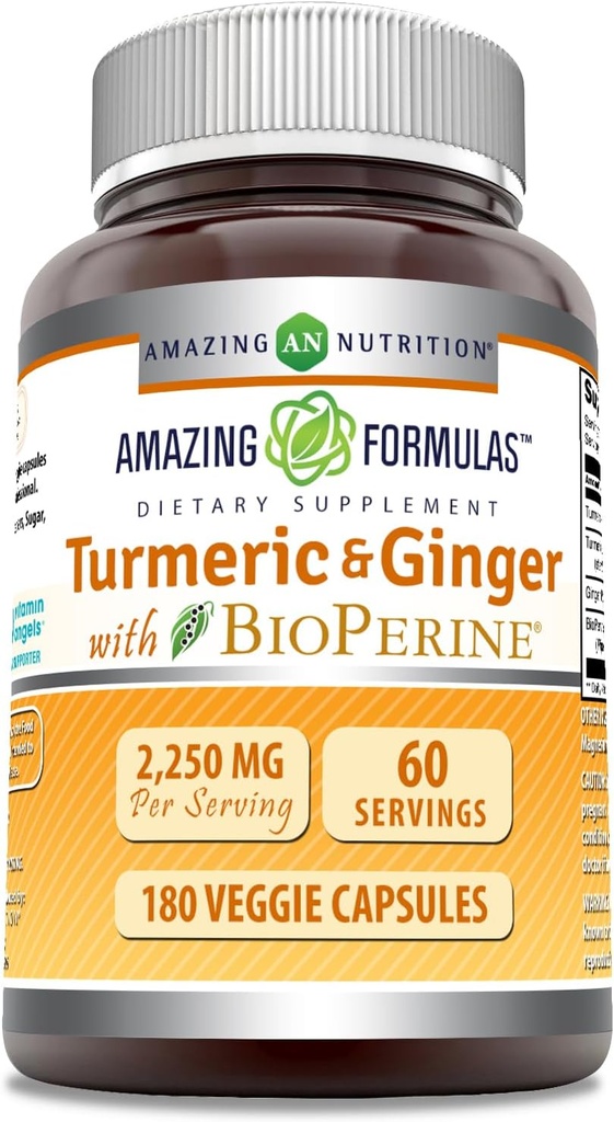 Amazing Formulas Turmeric Curcumin & Ginger with BioPerine 2250 mg Per Serving Veggie Capsules | Non-GMO | Gluten Free | Made in USA | Ideal for Vegetarians (180 Count)