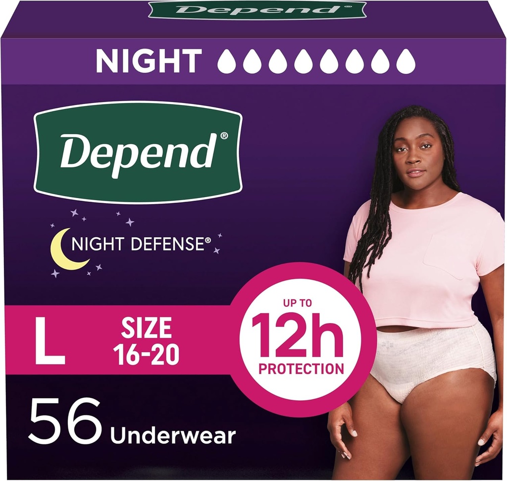 Depend Night Defense Couches adultes, Incontinence & Postpartum Bladder Sous-vêtements pour femmes, jetable, nuitée, grande, Blush, 56 Compte (4 Packs de 14), Emballage May Vary
