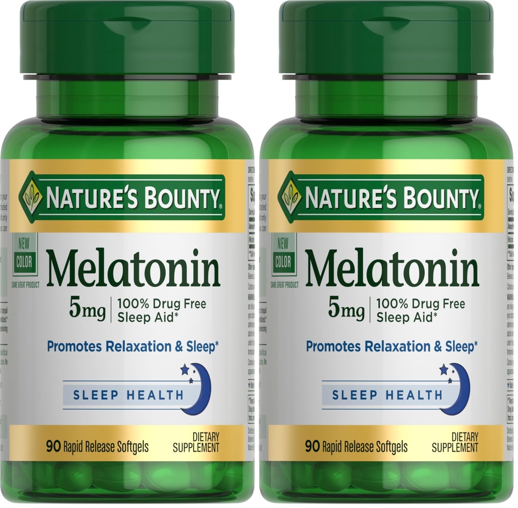 Nature's Bounty Melatonin, 100% sans médicament aide au sommeil, complément alimentaire, favorise la relaxation et la santé du sommeil, 5mg, 90 Softgels (paquet de 2)