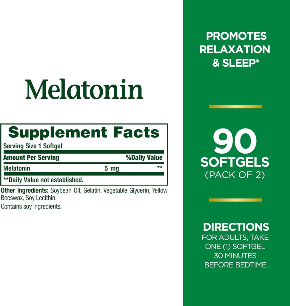Nature's Bounty Melatonine, 100% sans médicament aide au sommeil, complément alimentaire, favorise la relaxation et la santé du sommeil, 5mg, 90 Softgels (Pack de 2)
