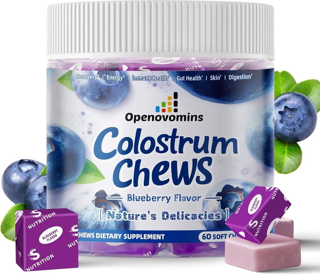 Bovine Colostrum Soft Chews Supplement with probiotics for Gut Health, Bloating, Immune Support, Skin, Hair Growth and Beauty - Blueberry Flavor (60 Servings)