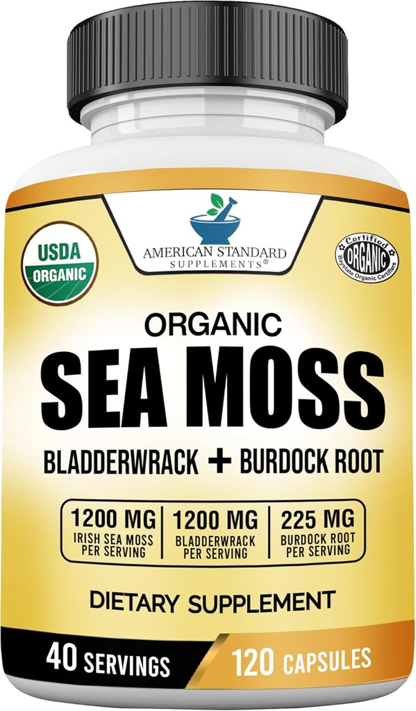 American Standard Suppléments Organic Sea Moss, Bladderwrack & Burdock Root Capsules - 1200mg Seamoss, 1200mg Bladderwrack, 225mg Burdock Root par service - 120 Capsules, 40 portions