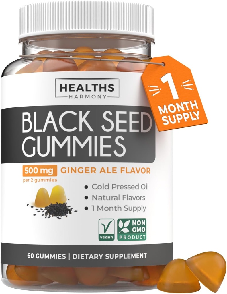 Gommies d'huile de graines noires - Ginger Ale Flavor naturel (non-OGM et végétalien) Nigella Sativa pressée à froid produisant de l'huile de graines de cumin noir pur - 500mg Par 2 Gummy Servir