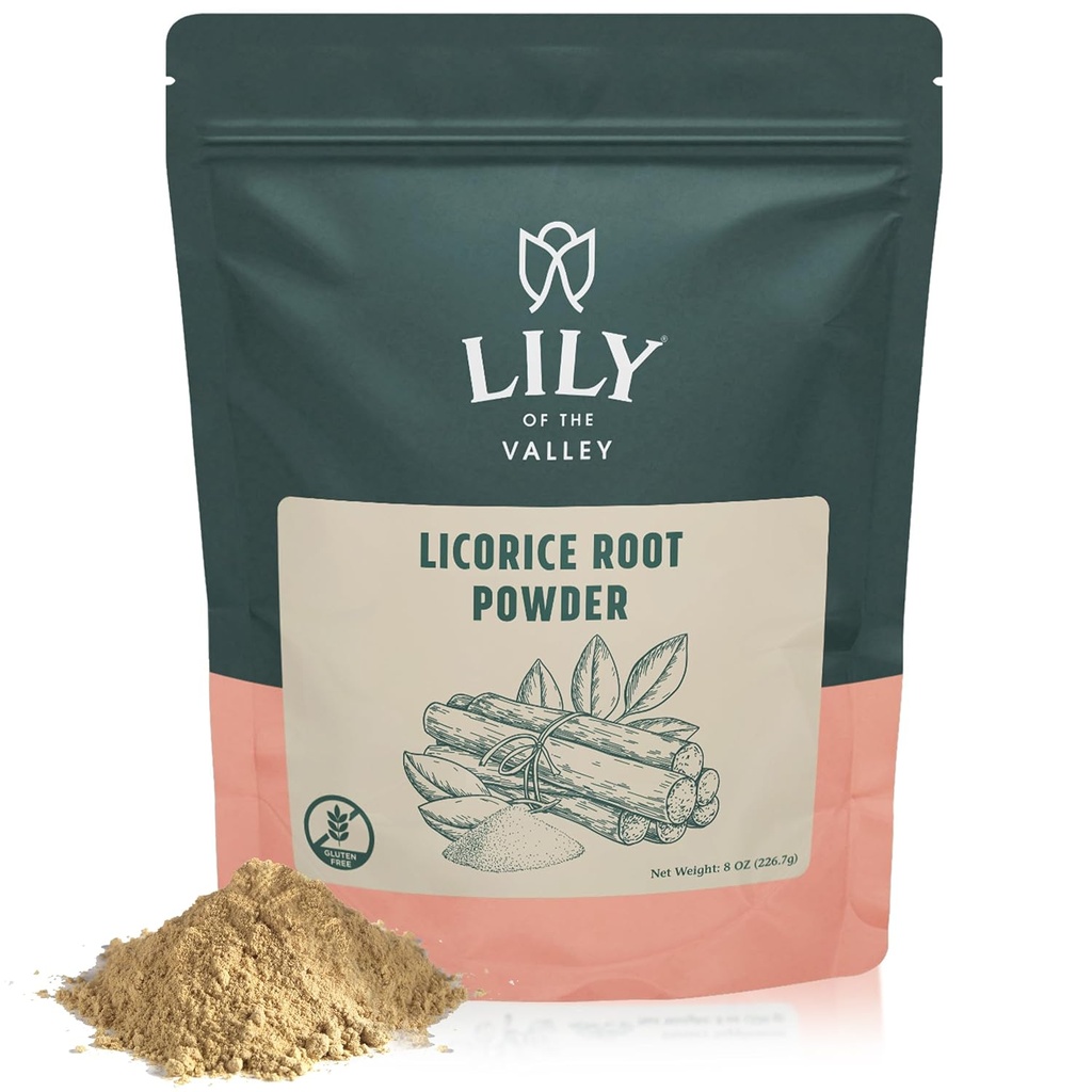 LILY OF THE VALLEY Licorice/Liquorice Root Powder - Ground Mulethi Originaire de l'Inde - Glycyrrhiza Glabra - Adoucisseur naturel - Vegan & sans gluten - emballé dans une poche refermable (8oz, 226g)