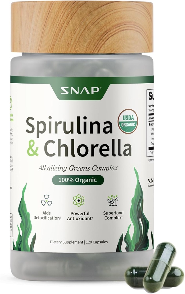 Suppléments de snap Spiruline et Chlorelle Biologique - Protéines Riche Vert Algae Superfood pour l'énergie et le soutien immunitaire, 120 Capsules végétariennes (30 portions, 1 mois d'approvisionnement)