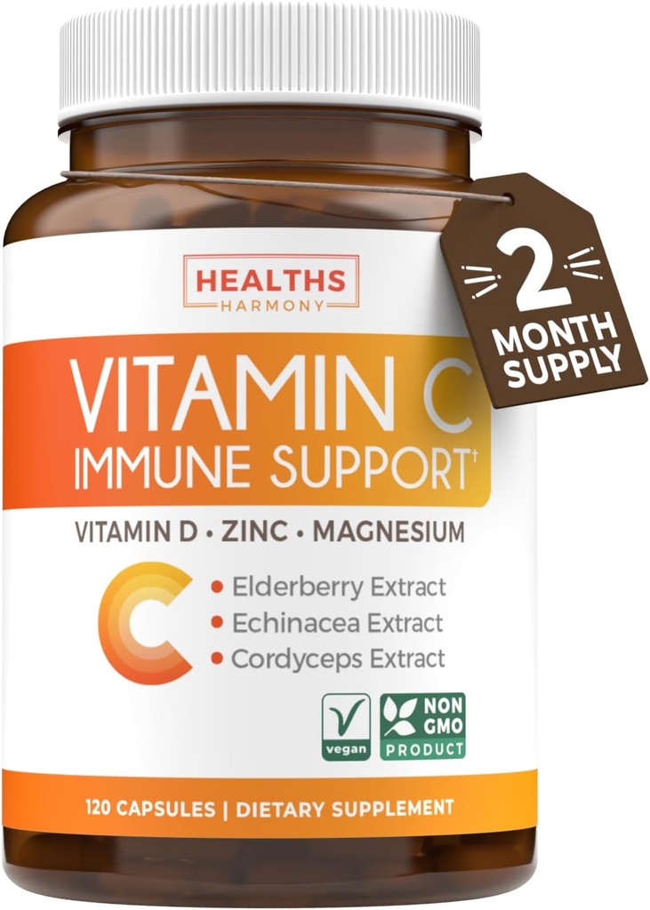 Vitamine C Supplément de soutien immunitaire - Immuni Boost Blend avec de la vitamine C et du zinc pour le soutien quotidien et saisonnier - Magnésium Zinc VIT C & D et complexe de défense à base de plantes (2 mois d'approvisionnement)