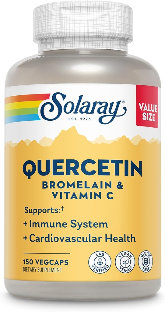 SOLARAY Quercetin Bromelain & Vitamine C, Système immunitaire, Sinus, Soutien de l'activité respiratoire et antioxydante, Vegan, 500mg de Quercetin & 1,235mg de VIT C, 60 jours de garantie, 75 portions, 150 VegCaps