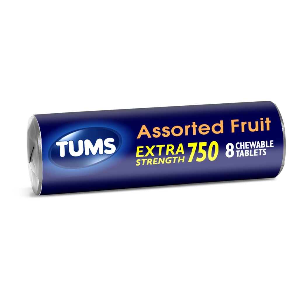 Comprimés antiacides extra-résistants TUMS pour le soulagement des brûlures d'estomac et le soulagement de l'indigestion acide, arômes de fruits assortis - 8 Compte Roll