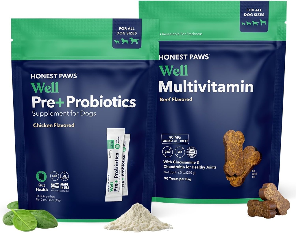 Probiotiques de pattes honnêtes pour chiens et multivitamine de chien - Glucosamine Chondroïtine pour la santé articulaire - Allergies, Immunité, Gut Health - Digestive et Skin & Coat Support