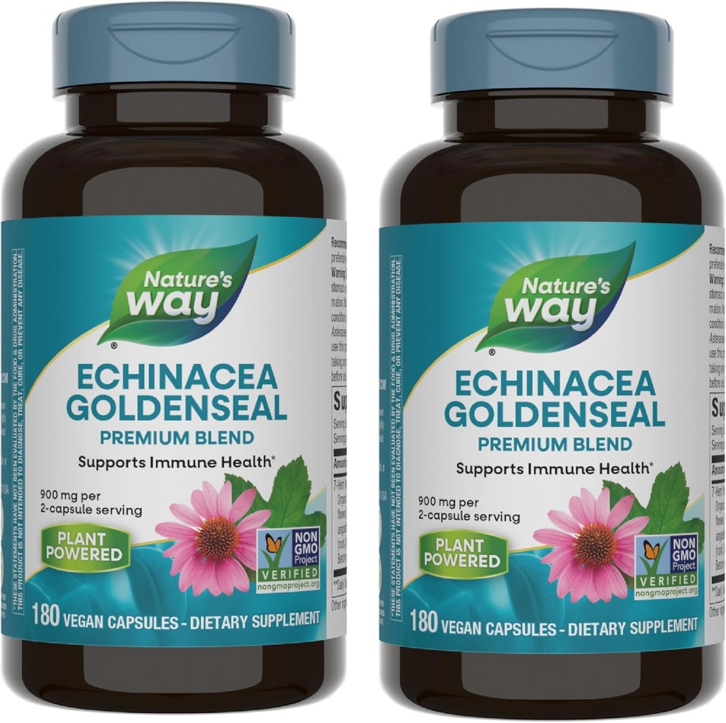 Nature's Way Echinacea Goldenseal - 900 mg Echinacea 7 Mélange d'herbes par portion de 2 capsules - Pour le soutien immunitaire* - Avec Cayenne Pepper, Gentian & Burdock - Sans gluten - 180 Capsules Vegan (paquet de 2)