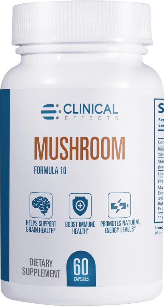 Effets cliniques Champignon Formule 10 - Supplément de Champignon Naturel pour Support Focus, Mood et Brain Booster - Supplément Nootropique et Soutien Immune - 60 Capsules Veggie - Fabriqué aux États-Unis