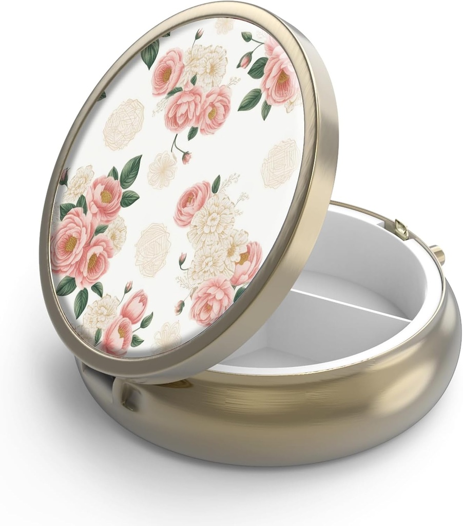 Pill Case Pill Box with Mirror Retro 3 Compartiment Petite Pill Case for Purse or Pocket Bronze Petite Pill Box or Vitamines, Huile de poisson, Suppléments, Pill Containe Travel Gifts( Floral rose rétro)