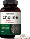 NatureBell Choline Suppléments 500mg avec acides gras oméga-3, 240 capsules – Soutien prénatal pendant la grossesse – favorise l'énergie, le foie, le cerveau et la santé cognitive