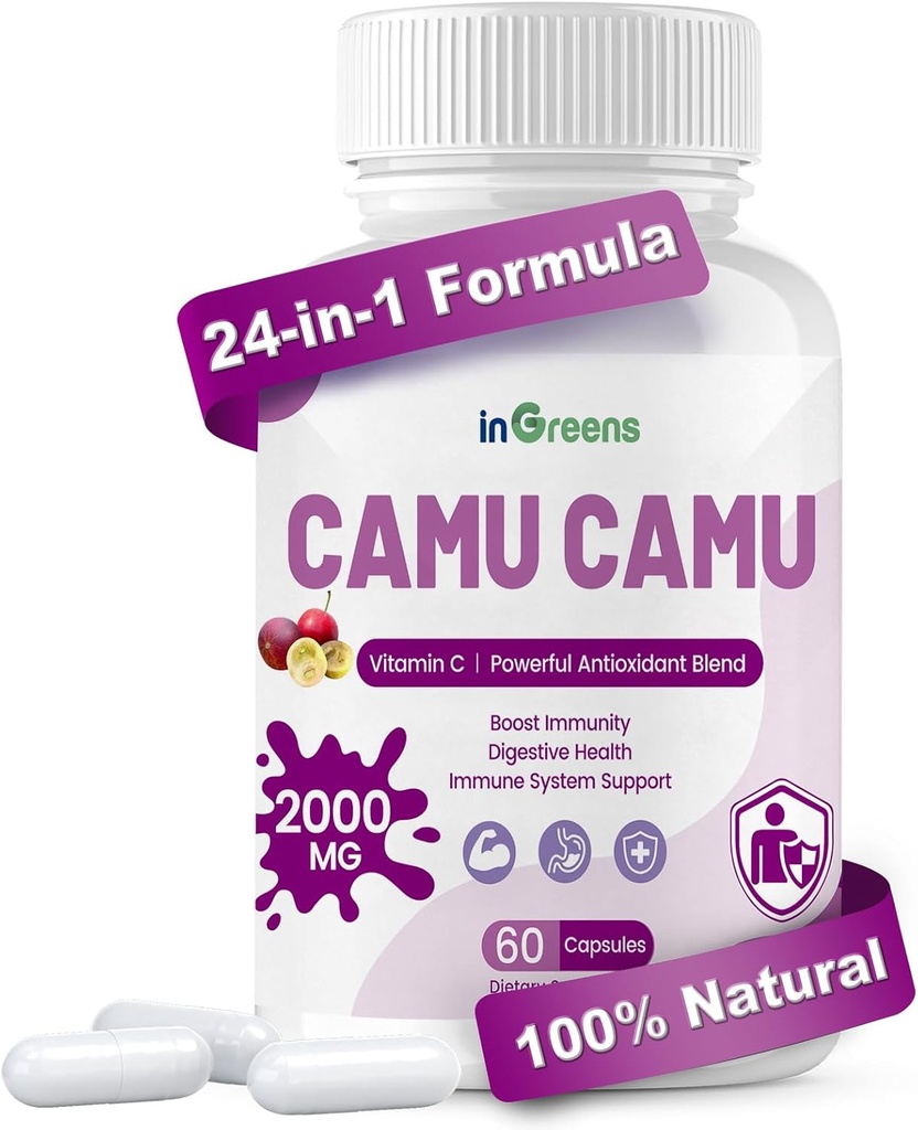 Capsules Camu Camu Organiques 2000mg de vitamine C naturelle élevée, puissant mélange antioxydant 60 capsules, non-OGM, sans gluten, immunosupport et santé de la peau