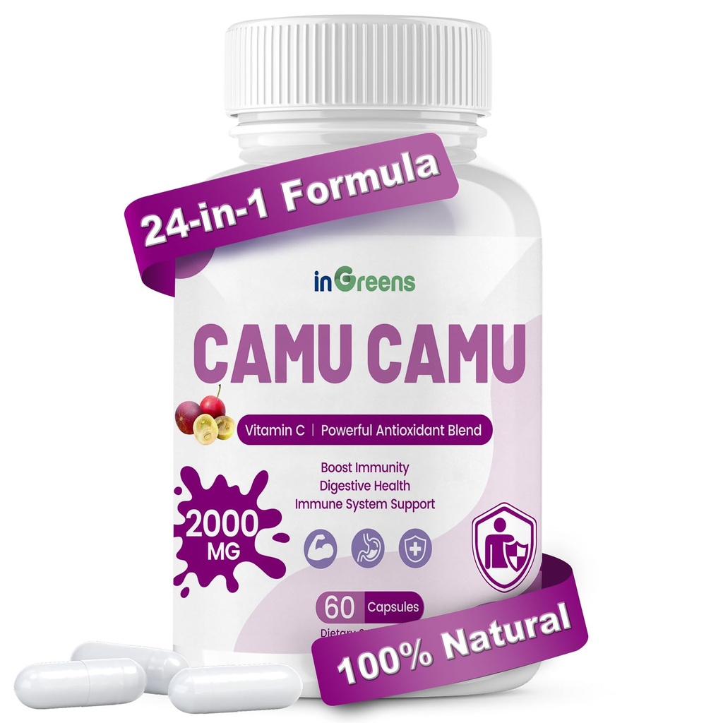 Capsules Camu Camu Organiques 2000mg de vitamine C naturelle élevée, puissant mélange antioxydant 60 capsules, non-OGM, sans gluten, immunosupport et santé de la peau
