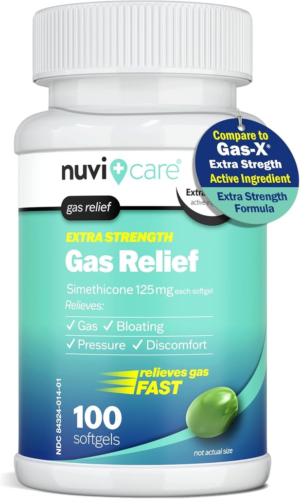 Relief de gaz extra-fort - Siméthicone 125mg Softgels - Relief antigaz rapide - Comparer à l'ingrédient actif dans les pilules antigaz de gaz X - Relief de gaz d'estomac pour les adultes (100compte)