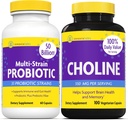 InnovixLabs Choline & Multi Probiotique Bundle Choline Bitartrate 550mg (100 Capsules) Multi souche Probiotiques (60 Capsules). Soutient la mémoire, l'humeur, la santé cérébrale et le renforcement cognitif.*