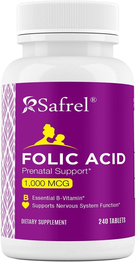 Acide folique de Safrel 1000 mcg (1 mg) - Vitamine B9-240 Comprimés, Vitamines prénatales et postnatales essentielles pour le développement foetal, la production de globules rouges, le développement cellulaire et neural