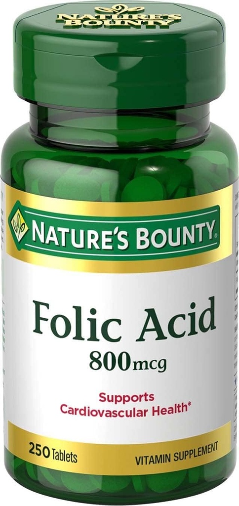 Nature's Bounty Folic Acid 800 mcg Supplément de vitamine Résistance maximale - 250 comprimés, boîte de 2