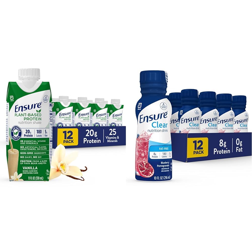 S'assurer que 100% de la nutrition végétale de protéines végétaliennes agite avec 20g de fèves et de protéines de pois, Vanille et assurer une boisson de nutrition claire liquide, 0g de graisse, 8g de protéines, Blueberry grenade, 10 Fl Oz