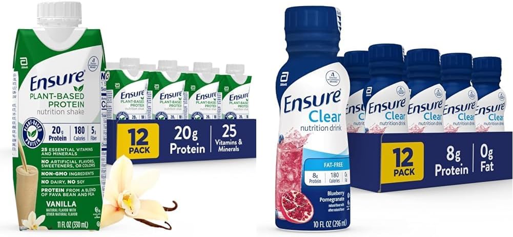 S'assurer que 100% de la nutrition végétale de protéines végétaliennes agite avec 20g de fèves et de protéines de pois, Vanille et assurer une boisson de nutrition claire liquide, 0g de graisse, 8g de protéines, Blueberry grenade, 10 Fl Oz