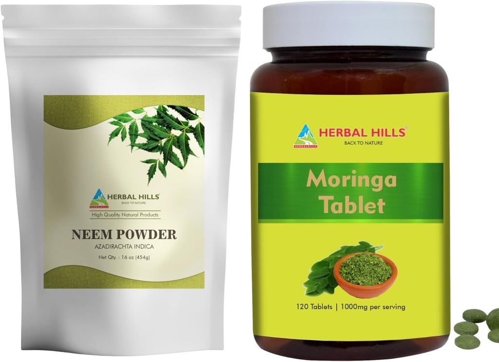 HERBAL HILLS Neem Leaf Poudre et Moringa Comprimés Shigru Pack de 2 Combo