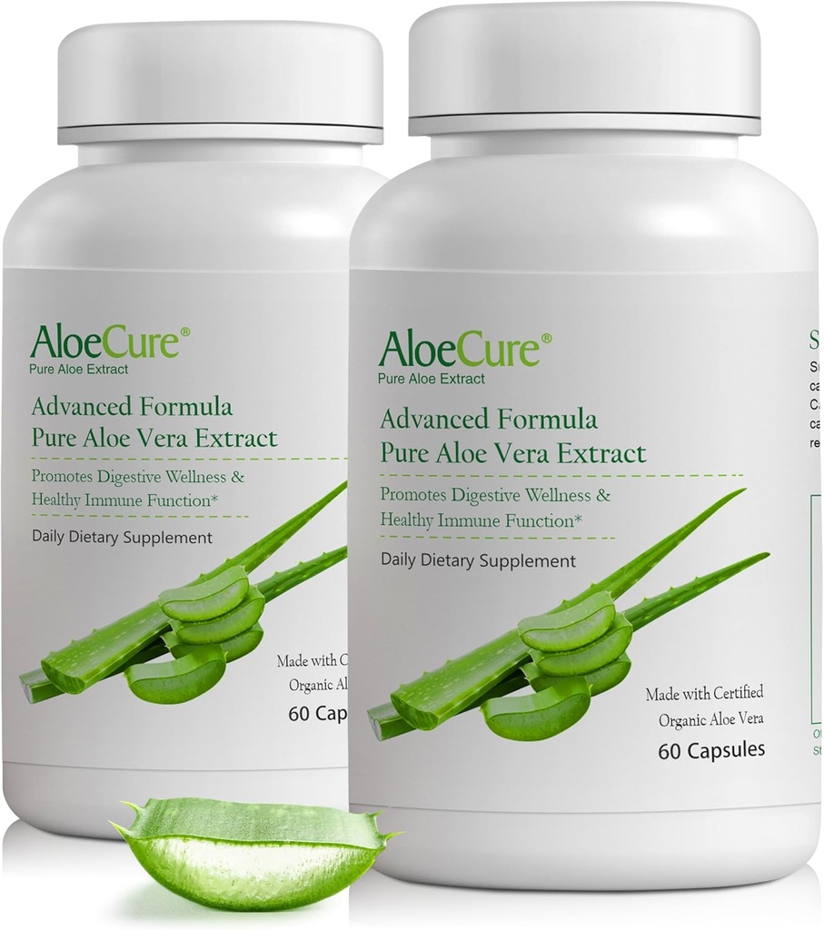 AloeCure Organic Aloe Vera Capsules, 160 000 mg Équivalent intérieur en Aloe Leaf par portion, soutien Gut, digestif, et santé immunitaire, aide à maintenir l'acidité équilibrée de l'estomac, sans alonge, 60Caps x 2Btl