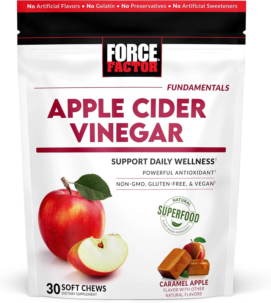 Facteur de force vinaigre de cidre de pomme biologique Soft Chews pour le soutien de la digestion et du métabolisme, vinaigre de cidre de pomme avec mère, supplément de vinaigre de cidre de pomme, sans gluten, et végétalien, caramel saveur de pomme, 30 Chews doux