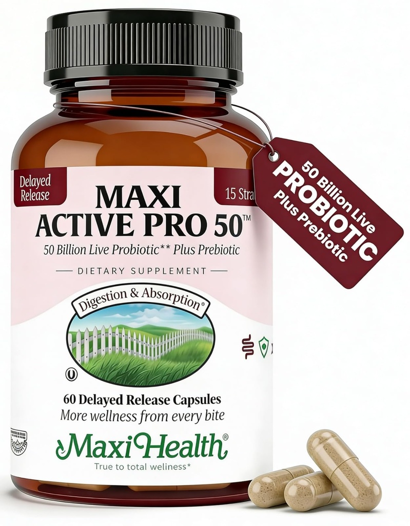 Maxi Health Probiotic Plus Ultimate Prebiotics Advanced Live Probiotics Formula - 50 milliards de probiotique actif vivant - 15 souches - Ultra Protection - Active Pro-50-60 Compte