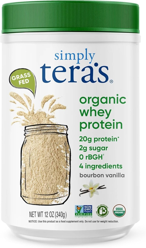 simply tera's Organic Whey Protein Powder - Grass Fed Vanilla Whey Protein Powder, Clean, Made Without Artificial Sweeteners, Non-GMO, Kosher, rBGH-Free, Organic - 12 Oz.