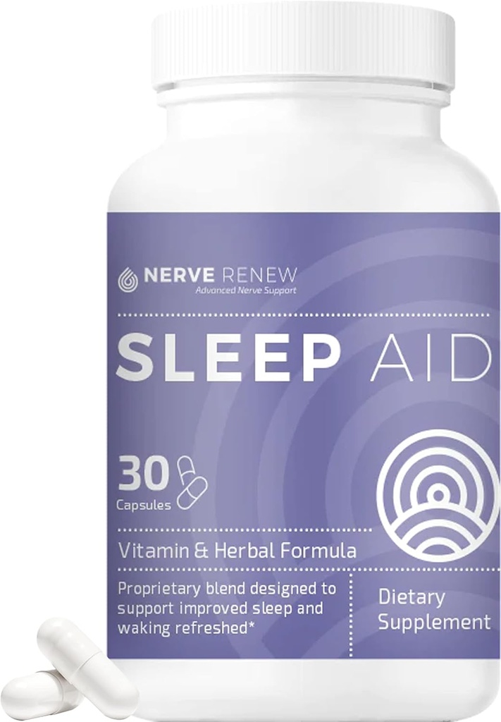 NERVE RENEW Sleep Aid - Dietary Supplement for Better Sleep - 30 Capsules - Works Fast - Gentle All-Natural Herbal and Vitamin Formula with Melatonin, Magnesium, Zinc, Amino Acids, Herb Extracts