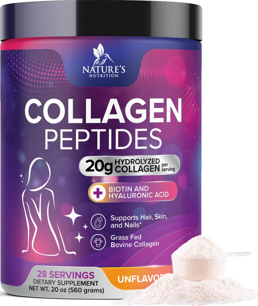 Collagène Peptides Poudre pour femmes et hommes - Hydrolysed Type 1 & 3 Collagène Poudre et acide hyaluronique - Soutien vital pour les cheveux, ongles, peau, os et santé articulaire - Zéro sucre, non aromatisé - 28 portions