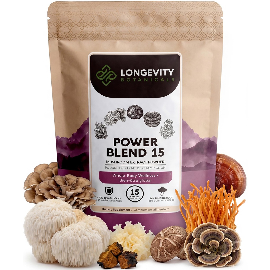 Puissance 15 Poudre Mélange de champignons Supplément 100g de complexe d'extrait de haute résistance avec Lions Mane, Turkey Tail, Cordyceps, Reishi, Chaga & Tremella