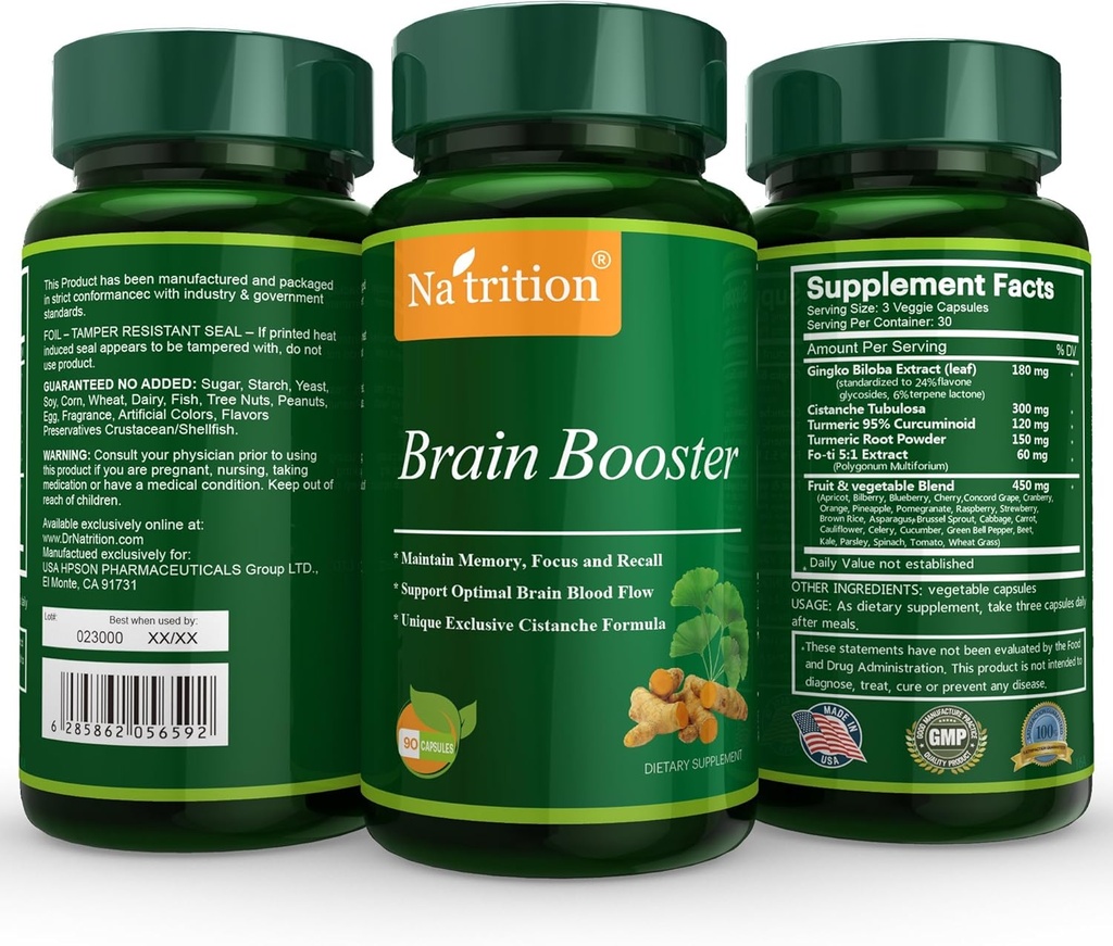 Natrition Brain Booster - Ginkgo Biloba, Turmeric, Cistanche Tubulosa, Fo-ti Extract Blend - Support antioxydant naturel pour la fonction cérébrale - Clarté, focalisation et amélioration de la mémoire - 90 Capsules Veggie