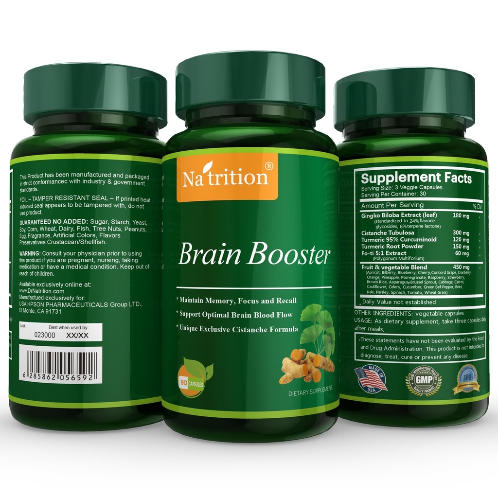 Natrition Brain Booster - Ginkgo Biloba, Turmeric, Cistanche Tubulosa, Fo-ti Extract Blend - Support antioxydant naturel pour la fonction cérébrale - Clarté, focalisation et amélioration de la mémoire - 90 Capsules Veggie