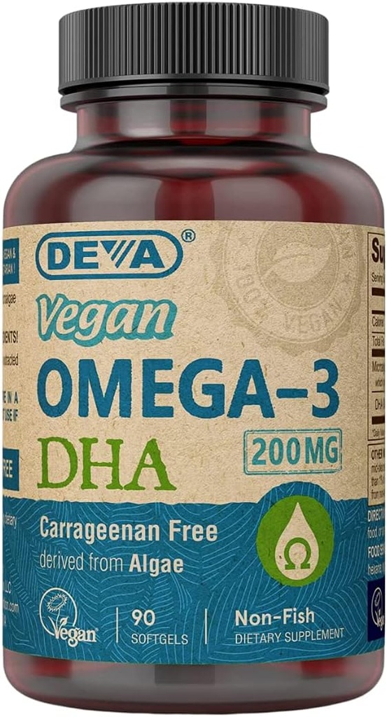 DEVA Vegan Omega-3 Supplément DHA, une fois par jour Softgel 200 MG, sans carrageenan, sans gélatine, sans poisson, huile d'algue, acides gras oméga-3 - 90 Softgels