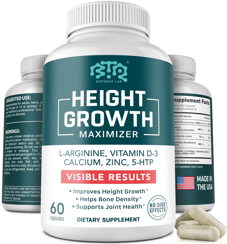 BIOTEQUELAB Maximiseur de croissance en hauteur, Calcium, Pilules de mélange de vitamine D3 et de zinc, Supplément de croissance en os pour les enfants et les adolescents, Force osseuse, Soutien de la densité, Sans OGM, Sans gluten, Fabriqué aux États-Unis, 60 capsules