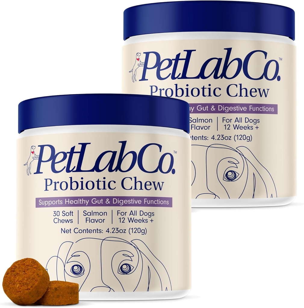 PetLab Co. Probiotiques pour chiens, soutien santé git, diarrhée occasionnelle, santé digestive et allergies saisonnières - Saveur de saumon - Emballage May Vary - 30 Soft Chews Pack of 2