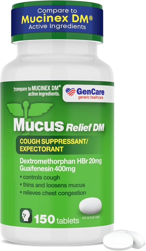 GenCare - Mucus Relief DM (150 Count Value Bottle) Dextromethorphan HBr 20mg Guaifenesin 400mg | Generic Mucus Relief DM | Immediate Release Uncoated Cough & Mucus Expectorant Pill