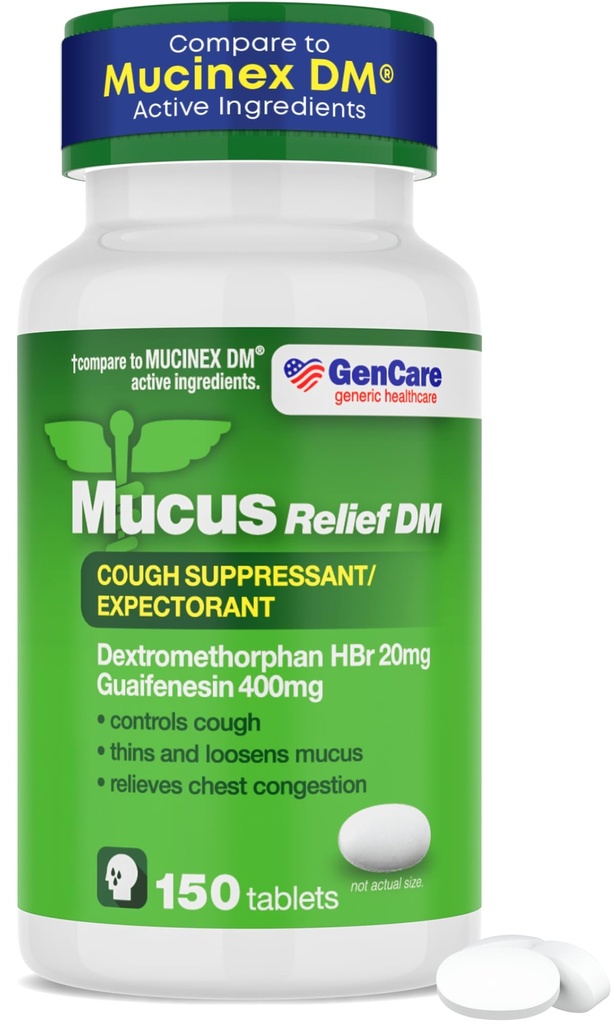 GenCare - Soulagement du mucus DM (150 bouteilles de valeur de comptage) Dextrométhorphane HBr 20mg Guaifenesin 400mg