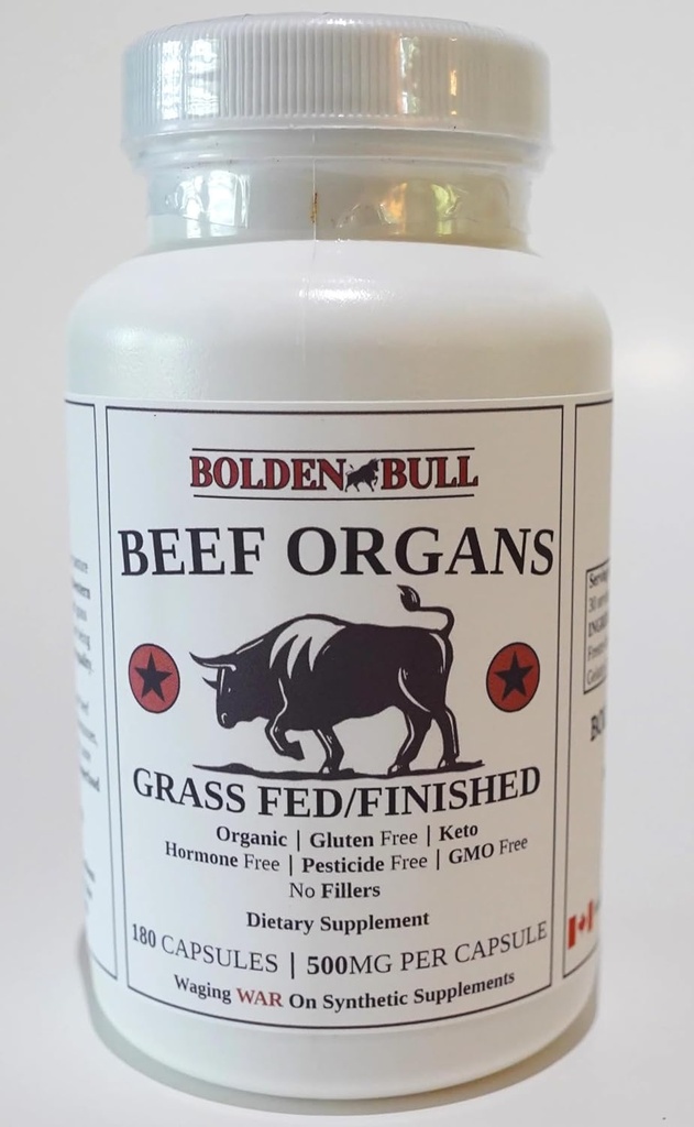 Supplément d'organes de boeuf herbeux/finis - Pâturage élevé – Non dégraissé 3000mg , Pas de remplissage , Fer naturel, vitamine A, B12 pour l'énergie , Non-OGM , Hormone et sans pesticides , Sans gluten.